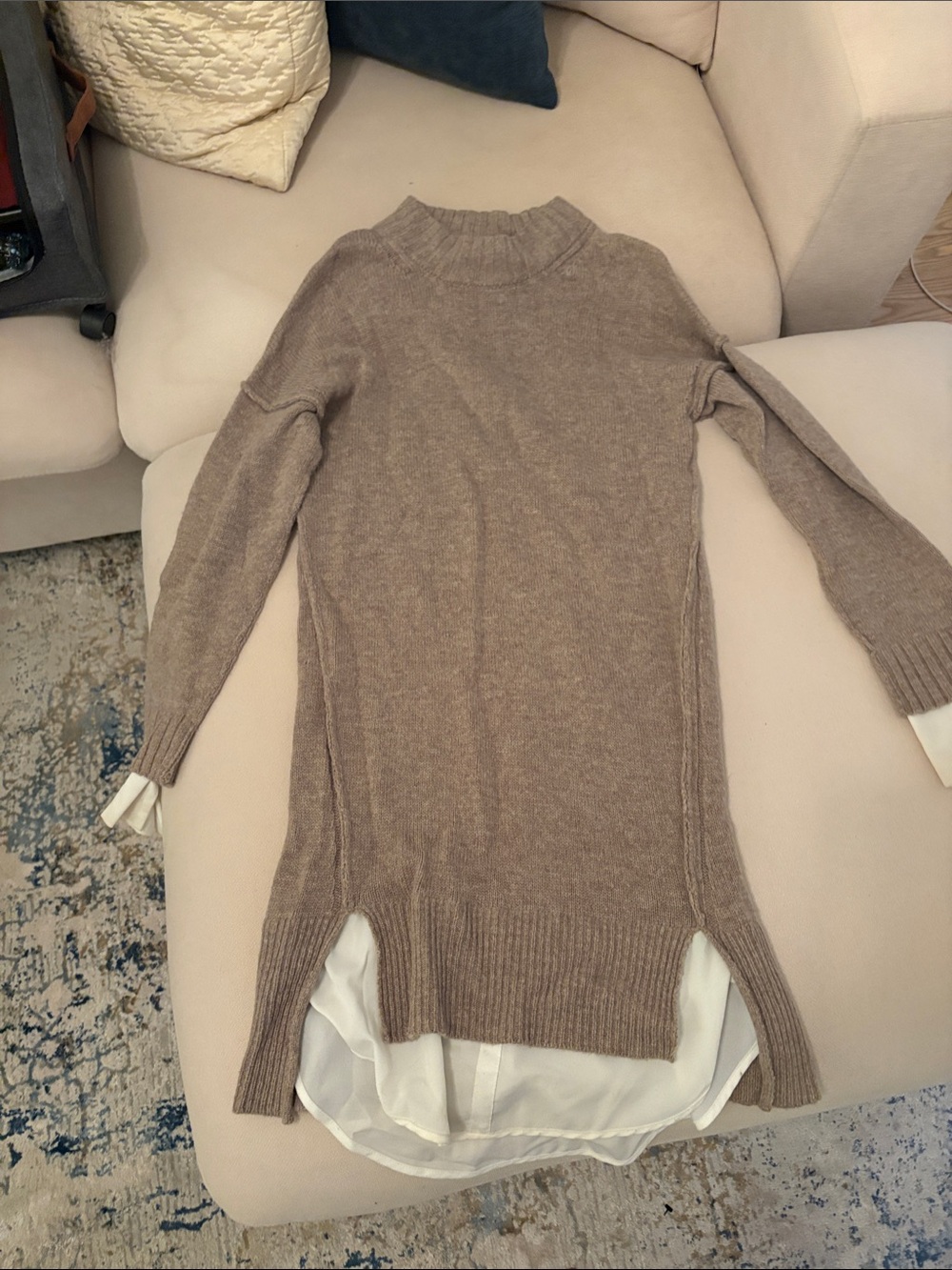 Women’s Taupe Knit Pullover Sweater with Shirt Hem